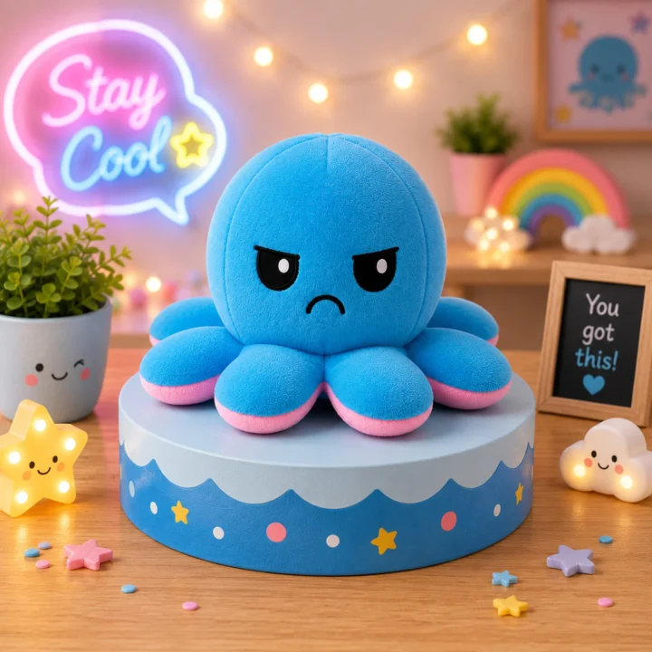 Reversible Octopus Soft Toy | Double-Sided Mood Plush Toy with Happy & Angry Faces | Cute Stuffed Animal for Kids, Boys, Girls & Couples | Gift for Birthday & Valentine (Pink & Blue)