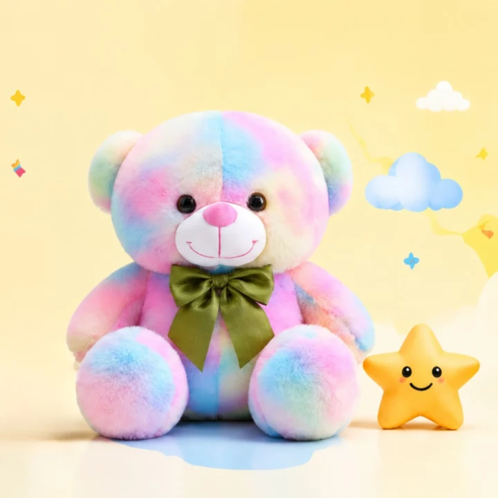 Rainbow Plush Teddy Bear 30 cm – Soft Stuffed Animal Toy with Pastel Fur & Green Bow – Cute Cuddly Gift for Kids, Babies, Girls & Boys
