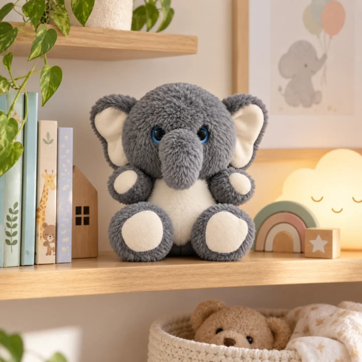 Grey Elephant Soft Toy with Big Floppy Ears, Embroidered Eyes, Seated Plush Stuffed Toy