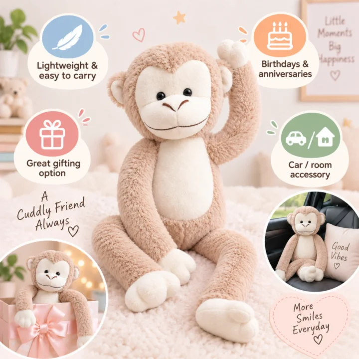 Cream Beige Hanging Monkey Soft Toy with Long Arms & Legs, Stuffed Plush (Approx. 24 Inch) - Play Toons