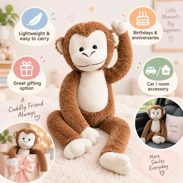 Brown Hanging Monkey Soft Toy with Cream Face & Belly, Long Arms & Legs, Stuffed Plush (Approx. 24 Inch)
